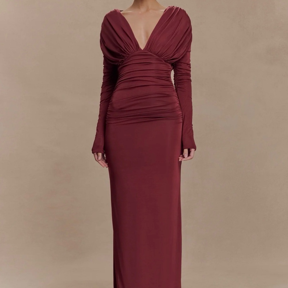 Meshki Hayden Long Sleeve Plunge maxi dress - wine